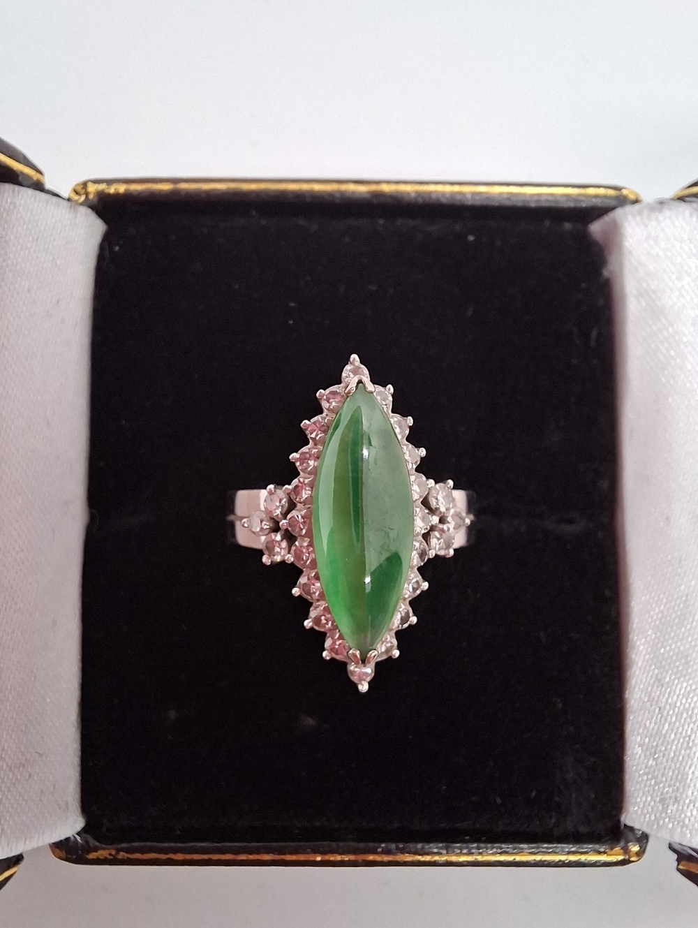 Vintage 18K White Gold Jadeite and Diamond Halo Statement Ring